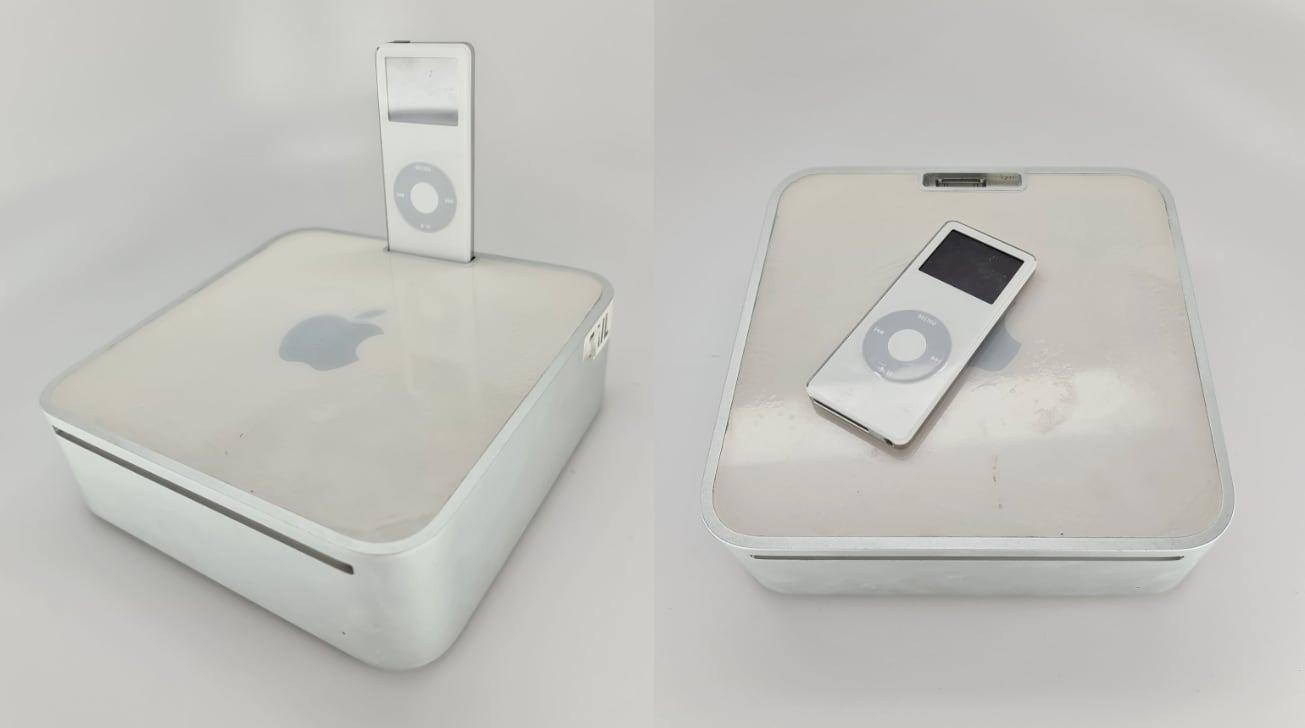 照片中未发布的带有iPod nano基座表面的Mac mini原型