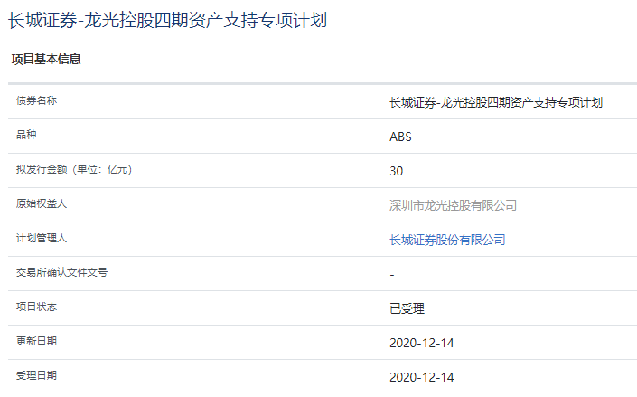 房产资讯：龙光控股30亿元ABS获上交所受理