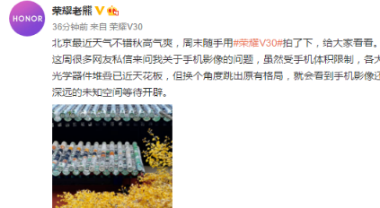 荣耀业务部副总裁熊军民在微博曝光了荣耀V30的拍照样张